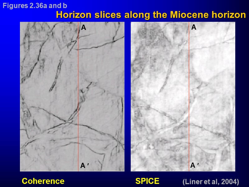 (Liner et al, 2004) Coherence SPICE Horizon slices along the Miocene horizon Figures 2.36a